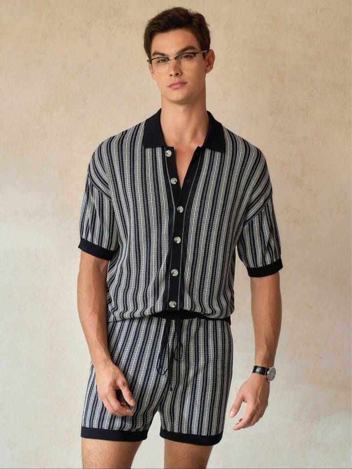 Men's Casual Striped Knit Shirt & Short Set